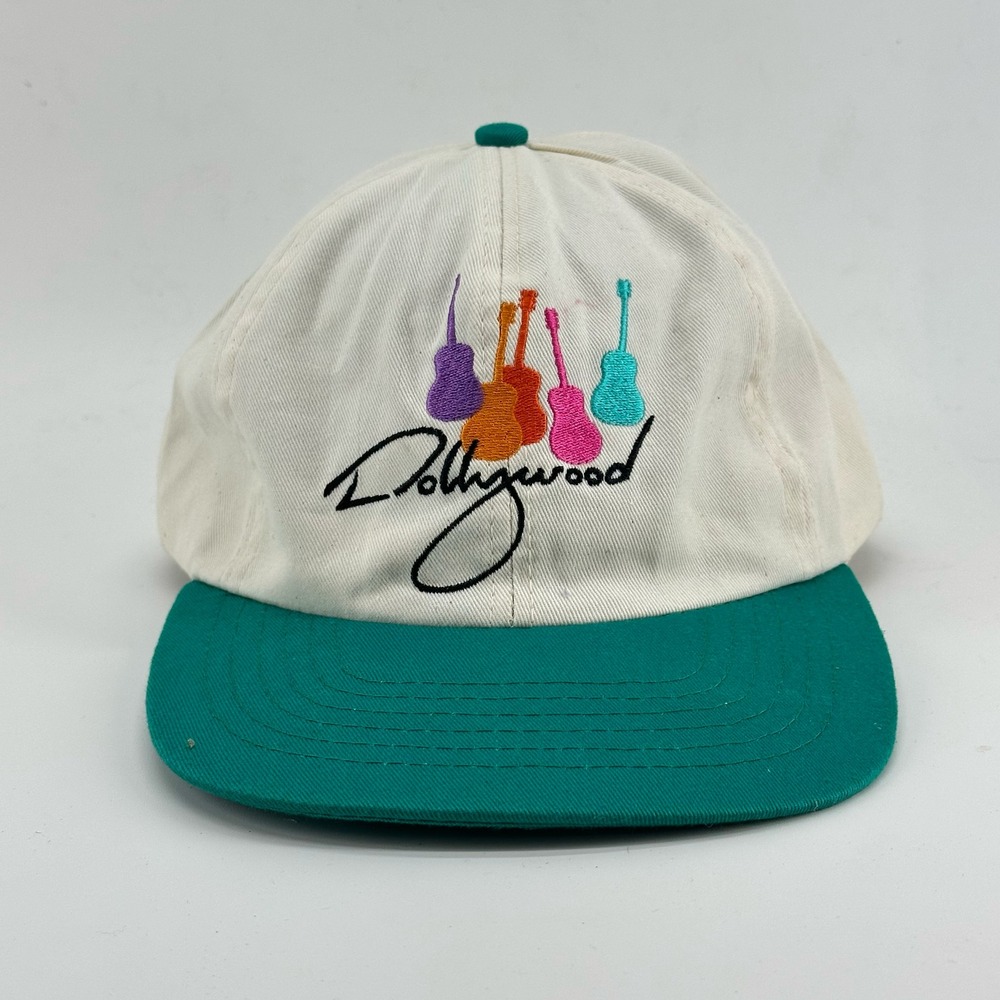 VINTAGE Dollywood Strapback Hat 90s Sewn Embroidered Guitars Dolly Parton Cap